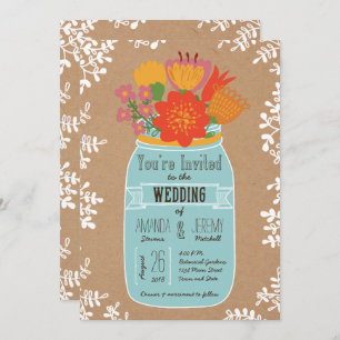 Rustic Mason Jar with Flowers on Craft Paper Invitation