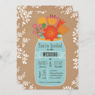 Rustic Mason Jar with Flowers on Craft Paper Invitation