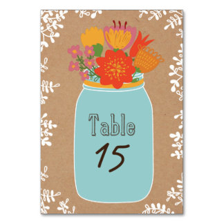 Rustic Mason Jar with Flowers on Craft Paper Table Number
