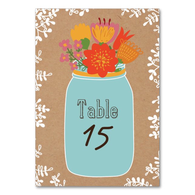 Rustic Mason Jar with Flowers on Craft Paper Table Number (Front)