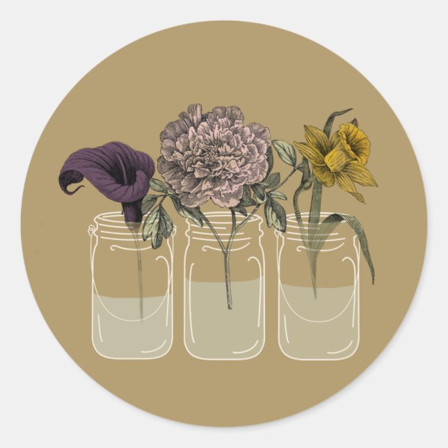 Rustic Mason Jar with Flowers Round Stickers (Front)