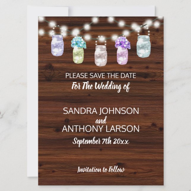 Rustic Mason Jar With Lights Save The Date (Front)