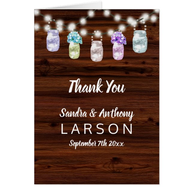 Rustic Mason Jar With Lights Wedding Thank You (Front)