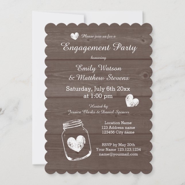 Rustic mason jar wood engagement party invitations (Front)