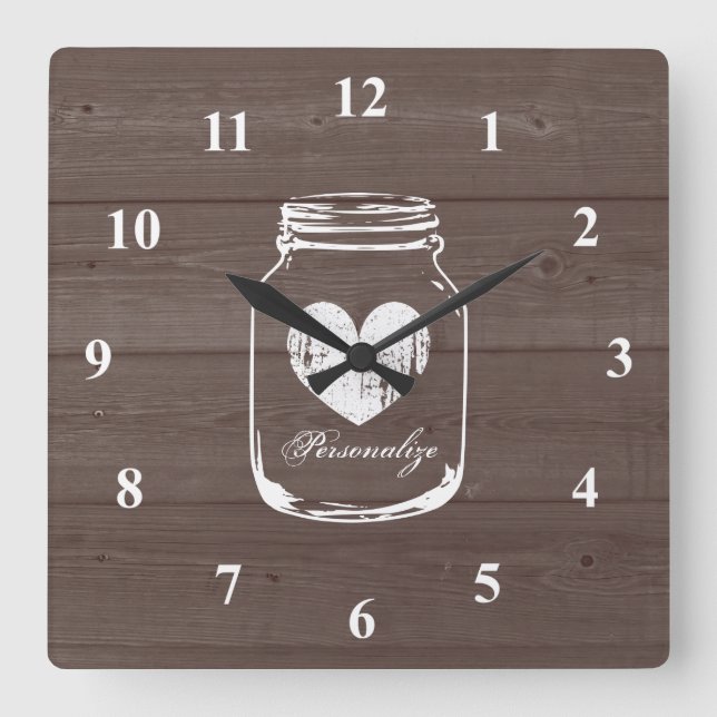 Rustic mason jar wood grain panel wall clock (Front)