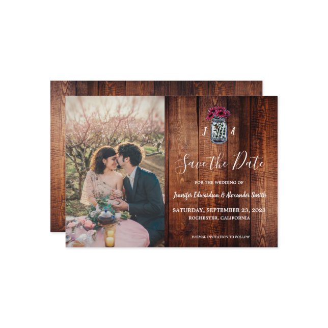Rustic Mason jar wood monogram photo Save the Date Invitation (Front/Back In Situ)