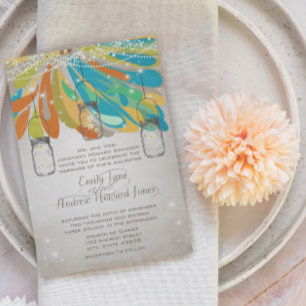 Rustic Mason Jar Yellow Orange Turquoise Fairytale Invitation