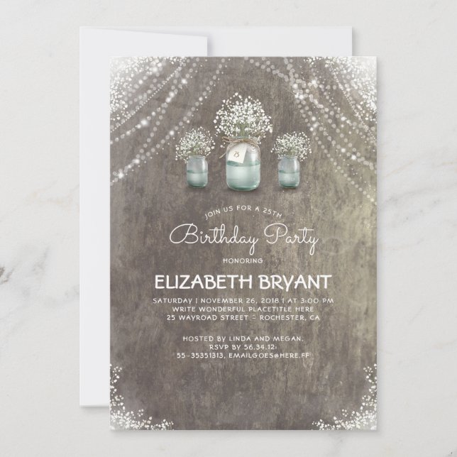 Rustic Mason Jars and Baby's Breath Birthday Party Invitation (Front)