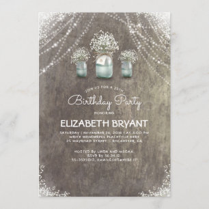 Rustic Mason Jars and Baby's Breath Birthday Party Invitation
