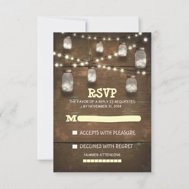 rustic mason jars and light wedding RSVP cards (Front)