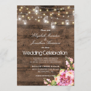 Rustic Mason Jars Lights Blush Floral Wedding Invitation