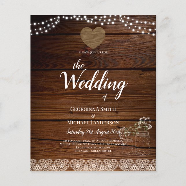 Rustic Mason Jars Lights Lace Gypsophilia WEDDING Flyer (Front)