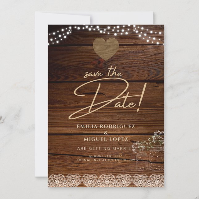 Rustic Mason Jars Lights Lace Gypsophilia WEDDING Invitation (Front)