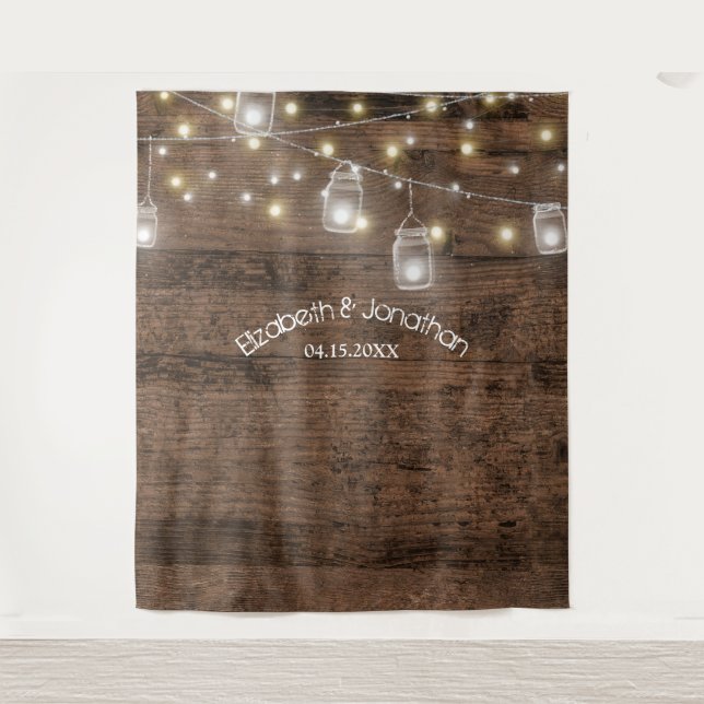 Rustic Mason Jars & Lights Wedding Photo Backdrop Tapestry (Front)