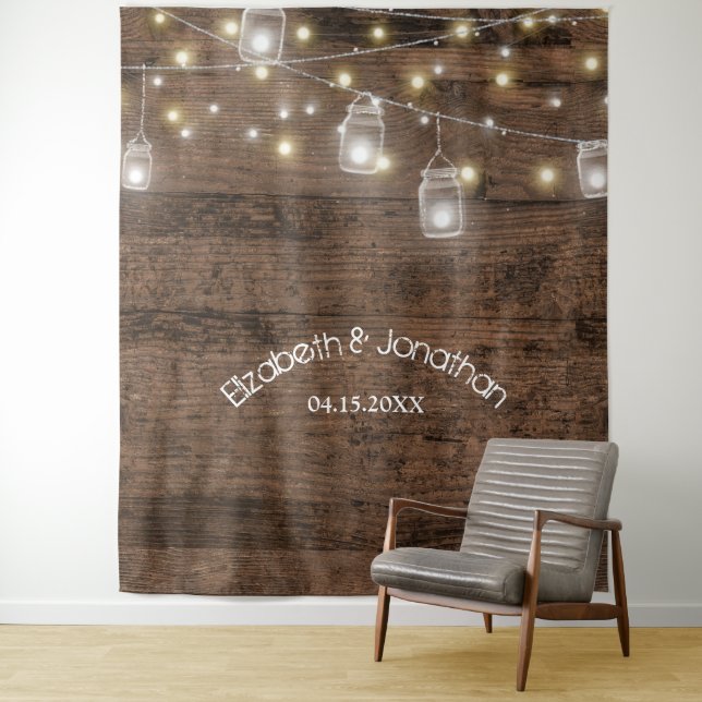 Rustic Mason Jars & Lights Wedding Photo Backdrop Tapestry (In Situ)
