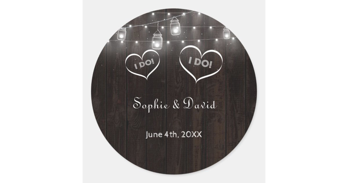 Rustic Mason Jars String Lights Old Barn Wedding Classic Round Sticker ...