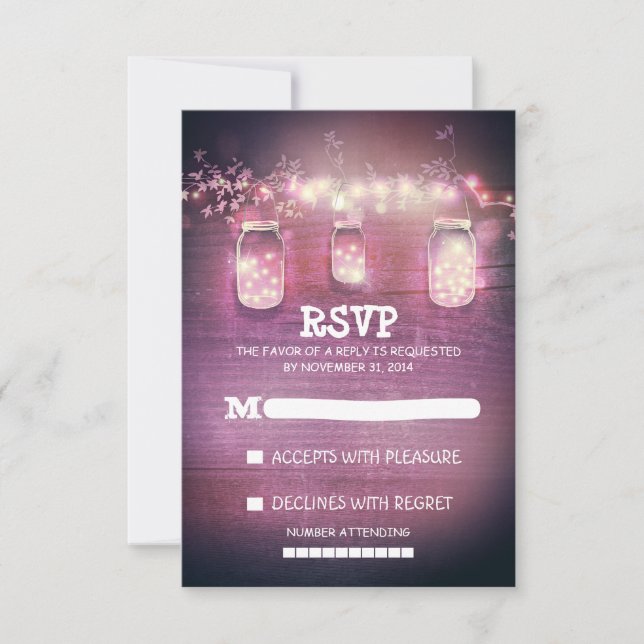 rustic mason jars string lights wedding RSVP cards (Front)