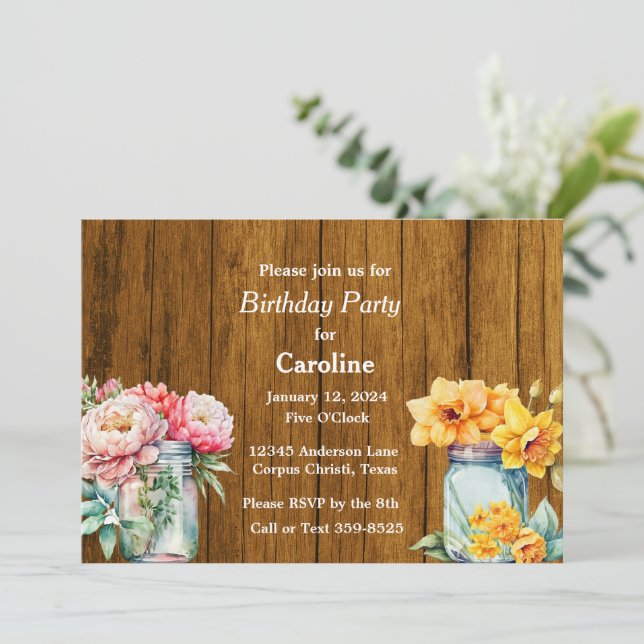 Rustic Mason jars with Flowers Barn Birthday Party Invitation (Standing Front)
