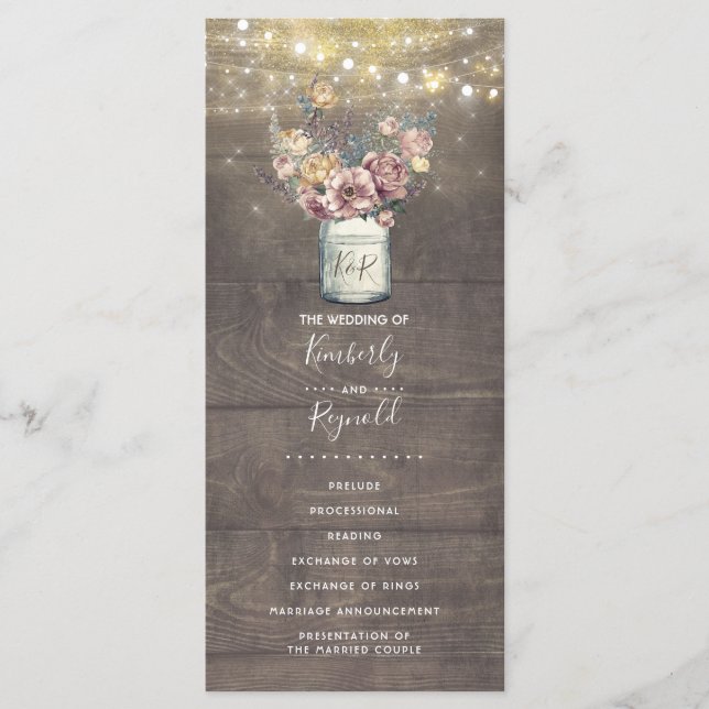 Rustic Mauve Gold Floral Mason Jar Wedding Program (Front)