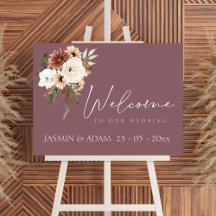 Rustic Mauve Peach Floral Script Wedding Sign