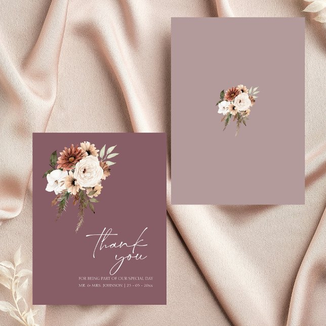 Rustic Mauve Peach Floral Script Wedding Thank You Card (Rustic Purple and Peach Floral Wedding Thank You Card)