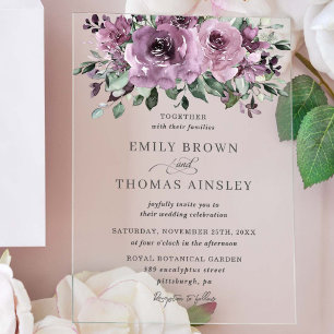 Rustic Mauve Plum Purple Floral Greenery Wedding Acrylic Invitations