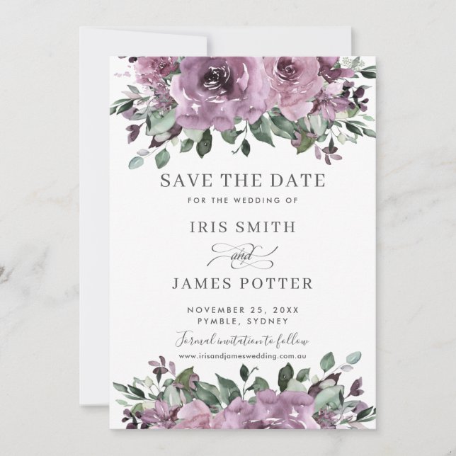 Rustic Mauve Plum Purple Floral Greenery Wedding Save The Date (Front)
