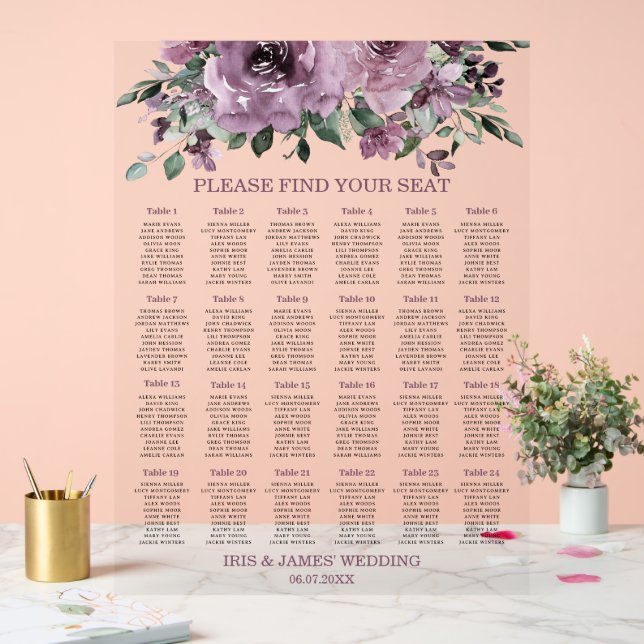 Rustic Mauve Plum Purple Floral Wedding Seating Acrylic Sign (Wedding)