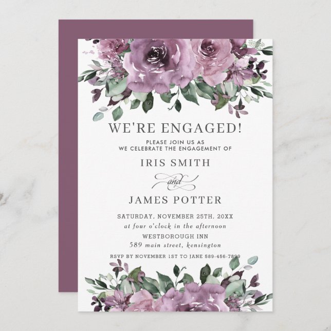 Rustic Mauve Purple Plum Floral Engagement Party Invitation (Front/Back)