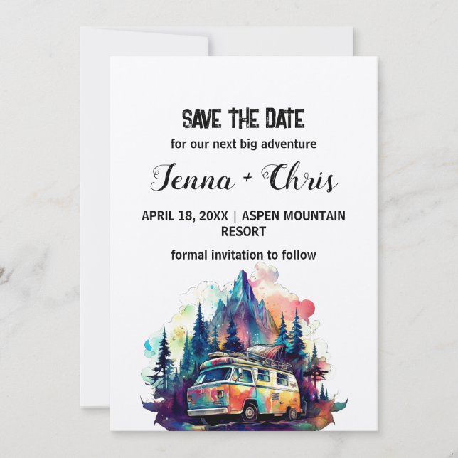 Rustic Maximalist Camper Mountain Save the Date Invitation (Front)