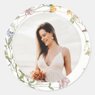 Rustic Meadow Floral Wreath Photo Bridal Shower Classic Round Sticker