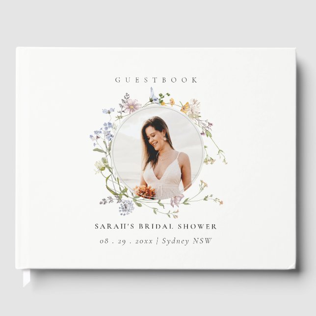 Rustic Meadow Floral Wreath Photo Bridal Shower Guest Book (Front)