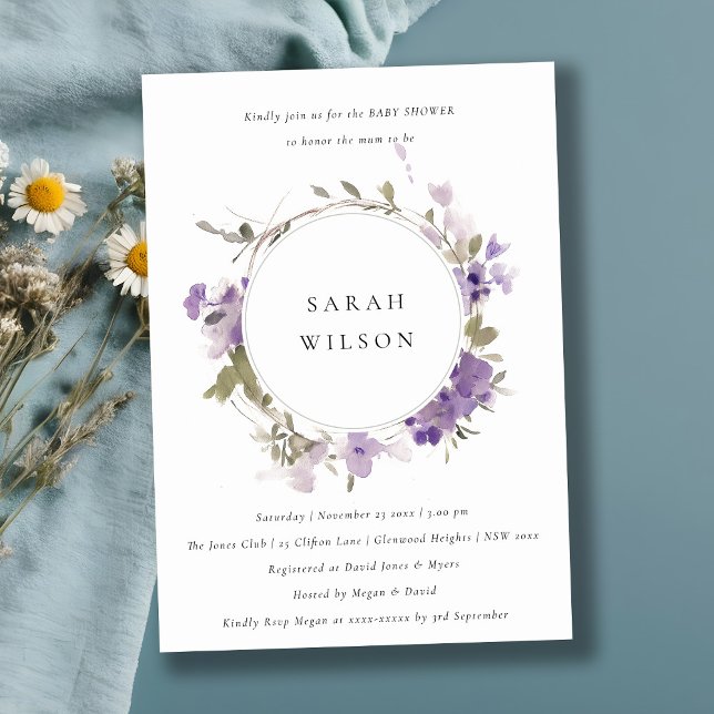 Rustic Meadow Lilac Floral Wreath Baby Shower Invitation (Creator Uploaded)