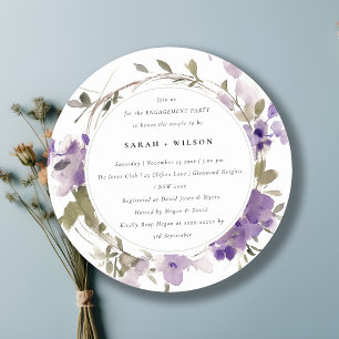 Rustic Meadow Lilac Floral Wreath Engagement Invitation