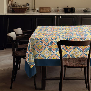 Rustic Mediterranean blue and pink tiles yellow Tablecloth