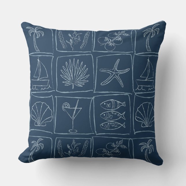 Rustic Mediterranean Coastal Tile Nautical Navy Cushion (Front)