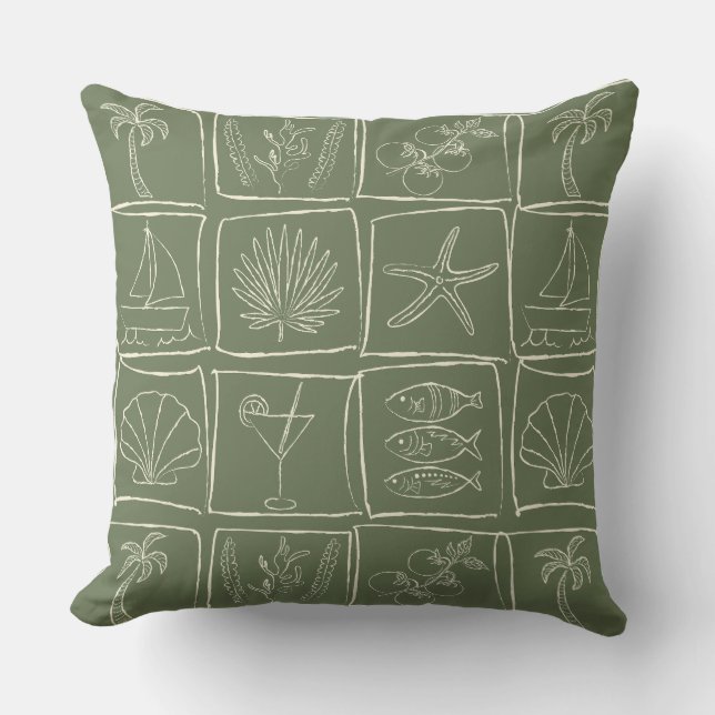 Rustic Mediterranean Coastal Tile Olive Grove Cushion (Front)