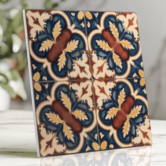 Rustic Mediterranean Floral Blue and Terracotta Ceramic Tile (Creator Uploaded)