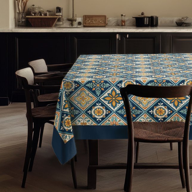 Rustic Mediterranean navy blue orange tiles pastel Tablecloth (Rustic Mediterranean navy blue orange tiles pastel Tablecloth)