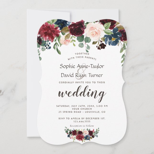 Rustic Merlot Navy Blue Floral Wedding Invitation (Front)