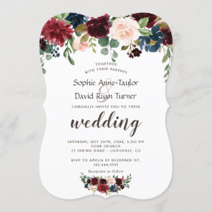 Rustic Merlot Navy Blue Floral Wedding Invitation