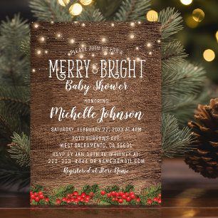 Rustic Merry & Bright Christmas Lights Baby Shower Invitation