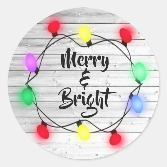 Rustic "Merry & Bright" Holiday Christmas Stickers (Front)