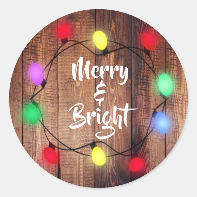 Rustic "Merry & Bright" Holiday Christmas Stickers (Front)