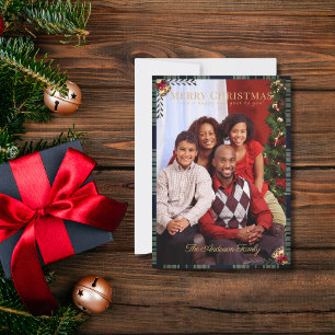 Rustic Merry Christmas 1 Photo Tartan Blue Plaid Card