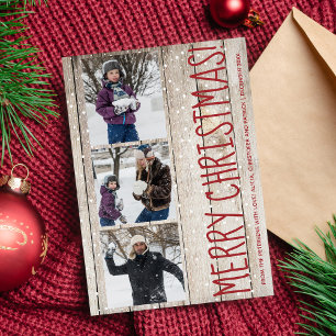 Rustic Merry Christmas 3 photos collage barn wood Holiday Card