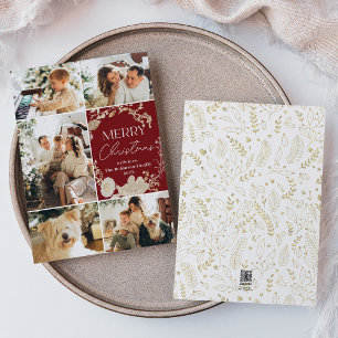 Rustic Merry Christmas 5 Photo Red Holiday Card