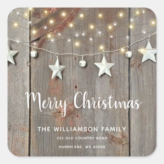 Rustic Merry Christmas Barn Wood String Lights  Square Sticker (Front)