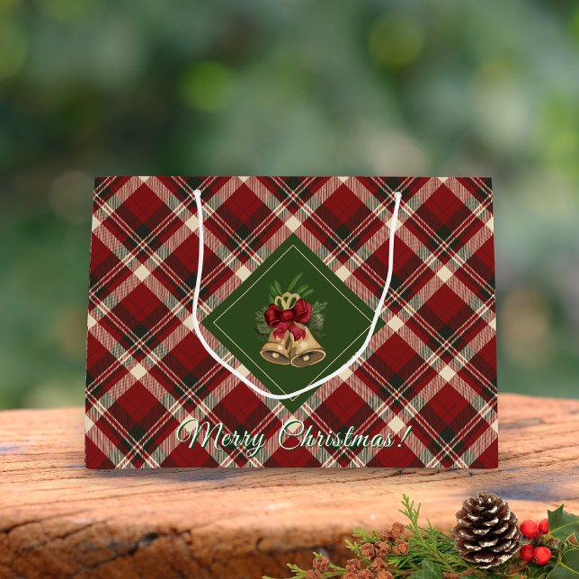 Rustic Merry Christmas Bell Red Green Gingham  Large Gift Bag (Creator Uploaded)