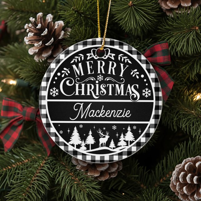 Rustic Merry Christmas Black & White Plaid Custom Ceramic Ornament (Creator Uploaded)